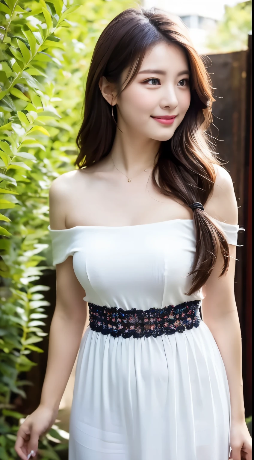 masterpiece, Great work, Daytime, Outdoor, Falling Flowers, White Dress, 1 girl, Perfect Woman, Woman with long hair, Gray Blue Eyes, Pale pink lips, cold, Severe, Van, Purple eyes, White clothes, Black Apparel Line, Delicate face, Graceful Face, Standing Bow, Tassel, The knot of happiness, smile