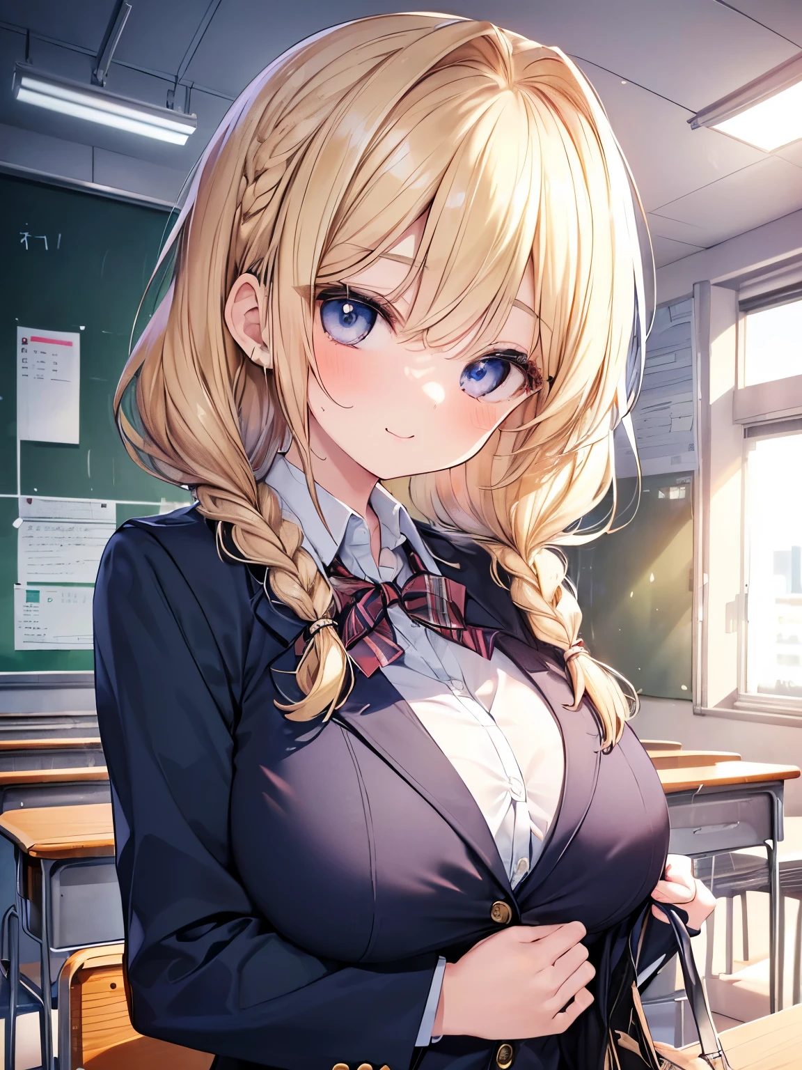 Masterpiece,Best Quality,(Super Detail),Perfect Lighting, Highly detailed CG,Super detailed,(Highly detailed eyes,Very cute face,Highly detailed face:1.3),Beautiful Anime Girl,(Solo Girl),(Super huge boobs:1.2),(Sensual,Glamorous:1.4),(Blonde,Medium Hair,Twin braids,Let your hair hang forward:1.2),(Big light blue eyes),(Very happy smile,Open your mouth wide),break,(School uniform,Navy Blue Blazer,Unbutton and open your jacket:1.3),Beige vest,Collared shirt,White shirt,Pleated skirt,School classroom,Aligned desks,Curtains swaying in the wind,blackboard,(Cowboy Shot),Place your hands on your chest,