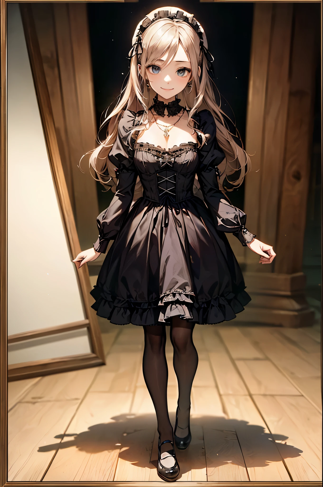 ((Biologically correct number of limbs))、(( Full body photo including face))、4K、((Standing posture))、Masterpiece、((focus on the face))、((Symmetrical facial features))、Eyes with detailed description、Beautiful woman、Outstanding style、Beautiful clavicle、Beautiful legs、Beautiful Hands、Slender Body、(stockings、High heels）、Detailed depiction of faces、Small earrings、necklace、((White Gothic Lolita、Gothic Lolita))、Sidelong glance、tie、night、(((White frame、White oak、White border photo)))、High angle、smile