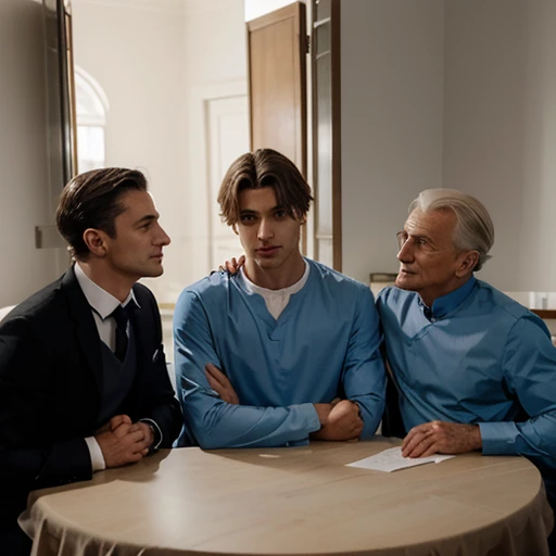 Trois hommes médecins rigolent autour d'une table. The first doctor is 20 years old. he is very beautiful. il a les yeux bleus et une mâchoire musclée. Les deux autres médecins ont 60 ans. ils ont des rides.