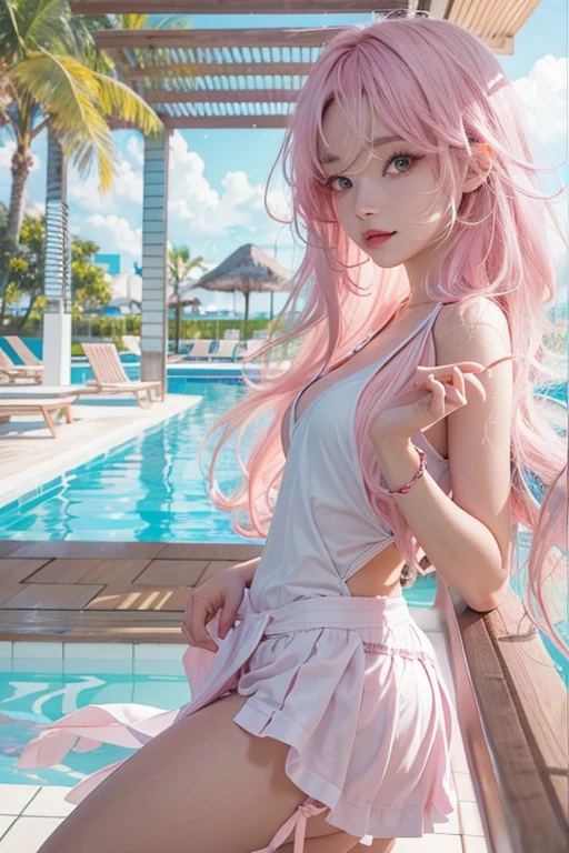 Light pink hair, Pink Eyes, Pink and white,  Vibrant colors, Ray Tracing, Wavy long hair、Walking by the pool at a resort hotel、Entering the blue sky、white top bikini、One leg is visible through the pareo.,21 years old