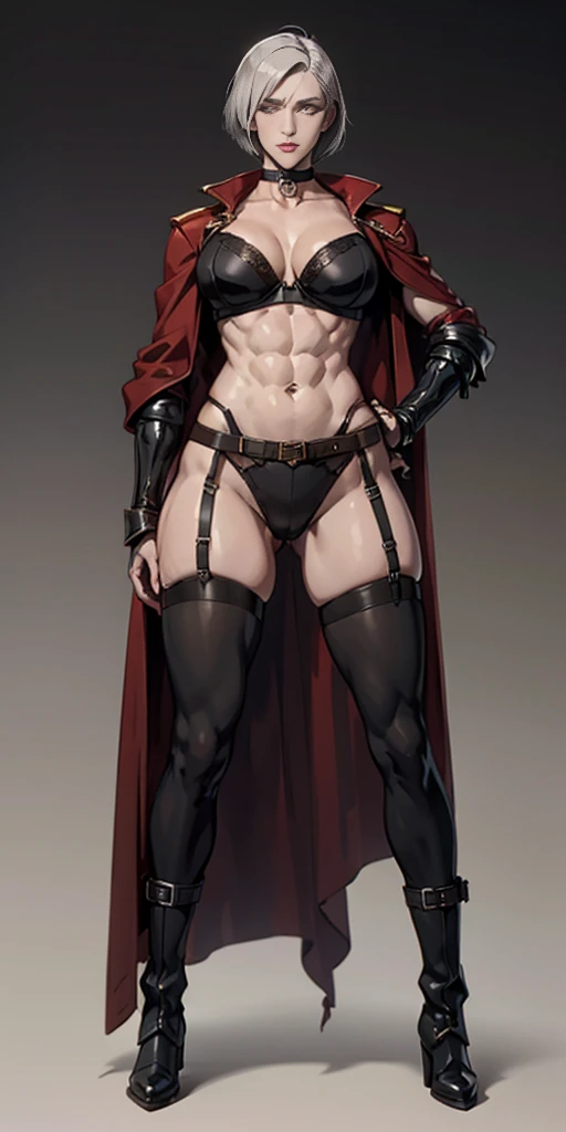 ((Plain background 1:2)) (Cammy White Street Fighter white silver short bob haircut) Female full body standing straight symmetrical looking to the viewer RED full body armored (handcuffs, shackles, rerebrace, faulds, poleyn, gauntlets, leather collar choker, gloves, gauntlets, high boots bootstraps, black stockings) 2 crossing big belt under belly button, navel, abs, garter straps belts attaching bra ((hands on hips)) view from below, wide hips - choppy bangs, arched crescent eyebrows, sharp and determined eyes, a delicate oval face, a serious expression, a fantasy-style dark green military coat, draped with a dark red cloak, leather combat boots, silver greaves leggings, this character embodies a finely crafted fantasy style female military officer in anime style, exquisite and mature manga art style, pale skin, big breast knockers cleavage,