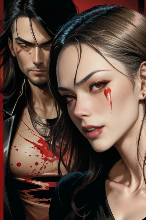 Close-up of a woman with blood on her face and a man with long hair, Artgerm and Genzoman, As depicted in Top Cow Comics, Moebius and Eon Flux, Luan Jia and Joan Luan, Inspired by Emily Shanks, Artgerm Comics, zenescope, Artgerm and J.. Dickenson