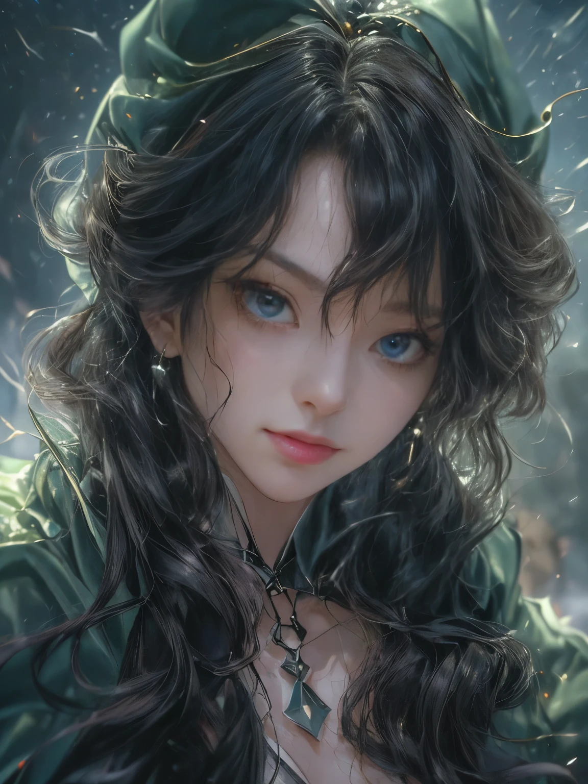 ((((masterpiece, Best Quality, High resolution)))), extremely detailed 8K, {(1 girl:1.6), sexy Beautiful girl with slim body, black mage:1.3}(Ultra HD, Ultra-detailed, Highly detailed, Highly realistic, Ultra-realistic, photos realistic),{ deep depth of field, (god ray:1.2), (bounced front lighting:1.1), (soft diffused lighting:1.6) } (1girl:1.5), black long hair, (dynamic sexy poses), (very delicate and natural hair:1.3), facing at camera, light smile, (firm bouncing breasts: 1.6), (very delicate and natural face, very delicate and natural eyes:1.3),(very delicate and natural clothes:1.2),(cristal blue eyes:1.2),{wearing green (long cape:1.6)}, {(night:1.2) outside, a lot of (lightnings:1.2) in (night:1.5) sky:1.3}, {(black roses:1.2), night rose garden:1.2}