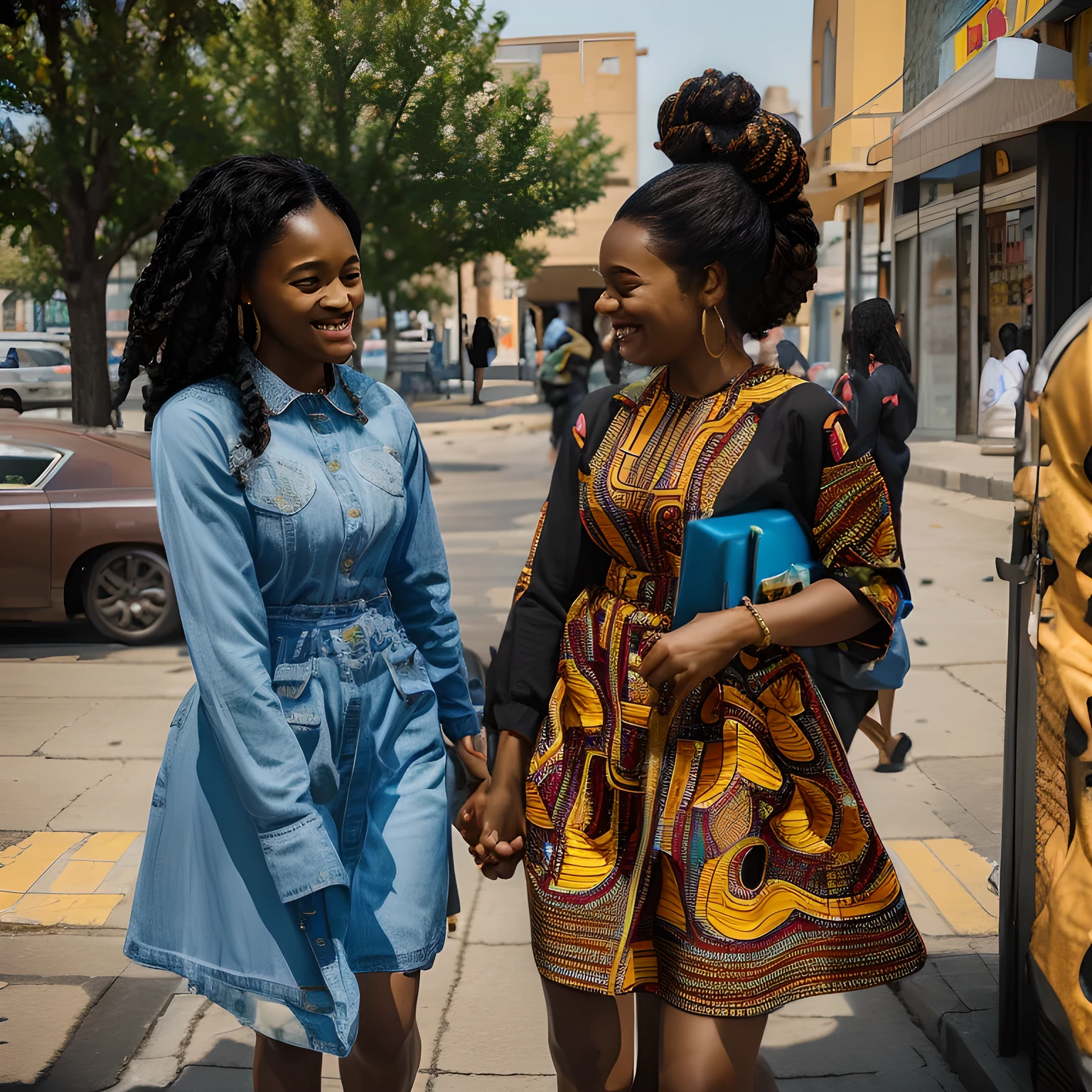 A digital art representation of two African American sisters in modest clothing spending quality time together in a vibrant urban setting, filled with the warmth of shared laughter and genuine joy. The scene is reminiscent of the captivating works by renowned artist Kadir Nelson, celebrated for his masterful ability to immortalize heartfelt moments within the Black community. Nelson's signature style, characterized by rich, lively colors and intricate attention to detail, would infuse this depiction with an authentic celebration of the deep sisterly bond and the beauty of everyday life within the Black experience.