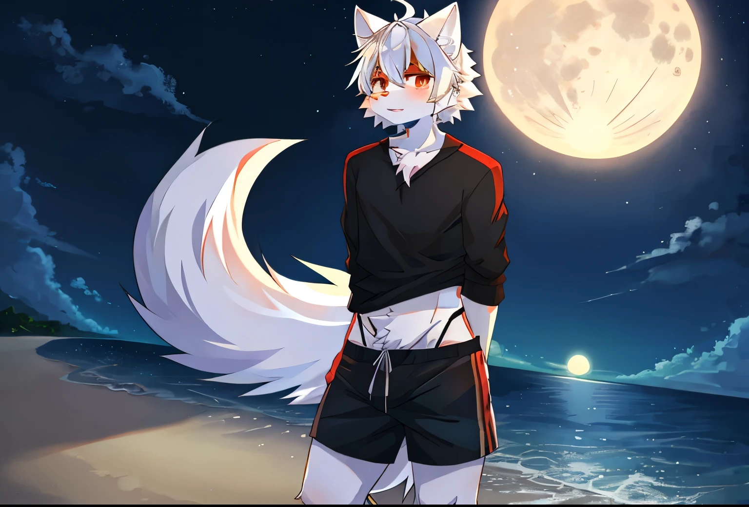 Furry, white wolf, white hair, golden highlights, sexy, male, wearing sexy clothes, on the beach at night, full moon, Kemono, red eyes, wearing black clothes, 170cm tall, cute, shorts.