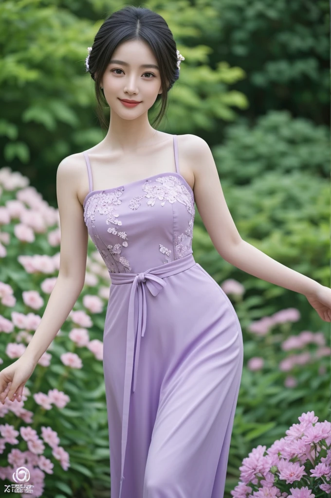 Realistic photo, beautiful Asian girl wearing a beautiful detailed light purple short hanfu, curvy figure, slim waist, smiling, bare shoulders, thighs, blurred background of flower garden