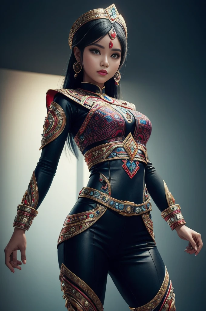 A girl wearing an Indonesian-style futuristic outfit,It embodies cultural integration and modern fashion. The suit is decorated with intricate patterns and bright colors, Showcasing Indonesia’s rich cultural heritage. The girl stood confidently,Strike a dynamic pose, Her meticulous eyes reflect determination and curiosity. The material of this suit is a combination of traditional textiles and future synthetic fibers, Giving it a unique and edgy look. Overall image quality is of the highest standard, Sharp focus,Detail rendering. This artwork uses physically based rendering techniques, Produces realistic lighting and shadows. Bright colors, Capturing the essence of Indonesian cultural aesthetics. The background combines modern architecture and traditional elements, Creating a fusion of the past and the future. The theme explores the intersection of Indonesian culture, Futuristic design, And the artistic image of a confident girl.