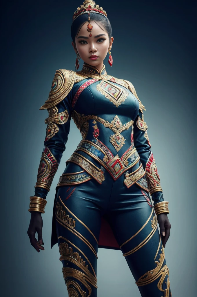 A girl wearing an Indonesian-style futuristic outfit,It embodies cultural integration and modern fashion. The suit is decorated with intricate patterns and bright colors, Showcasing Indonesia’s rich cultural heritage. The girl stood confidently,Strike a dynamic pose, Her meticulous eyes reflect determination and curiosity. The material of this suit is a combination of traditional textiles and future synthetic fibers, Giving it a unique and edgy look. Overall image quality is of the highest standard, Sharp focus,Detail rendering. This artwork uses physically based rendering techniques, Produces realistic lighting and shadows. Bright colors, Capturing the essence of Indonesian cultural aesthetics. The background combines modern architecture and traditional elements, Creating a fusion of the past and the future. The theme explores the intersection of Indonesian culture, Futuristic design, And the artistic image of a confident girl.