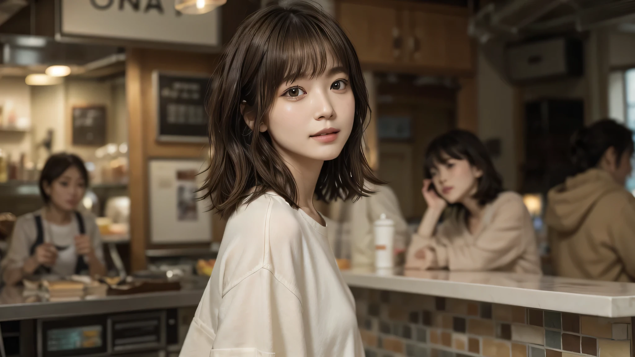 super high quality, short hair, thin, Photography Sculpture, The staff is working at the counter in the back.., (8k、RAW Photos、highest quality、masterpiece:1.2), Japanese Idols, Shaggy, Sportswear, Stylish cafe, (Realistic、Realistic:1.37), Mesh Hair, Normal chest, Urban Cafe, Golden Ratio, RAW Photos, Cute face , Light brown hair, Bright cafe interior, Blurred Background, Spring Clothes, Sweet expression, Observe the audience, Beautiful hairstyle, 20-year-old, Hair blowing in the wind, Dress neatly,