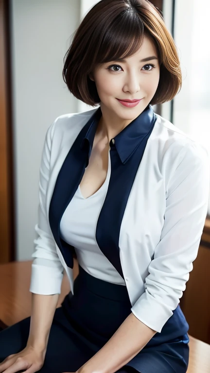 (highest quality,8k,masterpiece),
日本人Mature Woman,40 years,Mature Woman,Pure white skin, Tabletop、Top view from chest、
Full breasts、 ((White collared blouse))、((Navy blue tailored jacket))、Navy blue tight skirt、Brown short bob、
,A gentle smile、A gaze that seduces viewers、In-house offices、