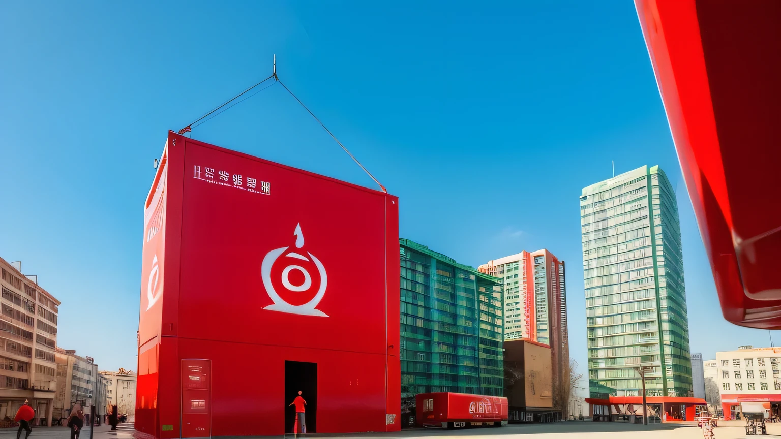 a big red crane lifting giant soda can from a giant red box in the middle of green city, striking architecture, red crane, blue skies, people looking at the big red box.