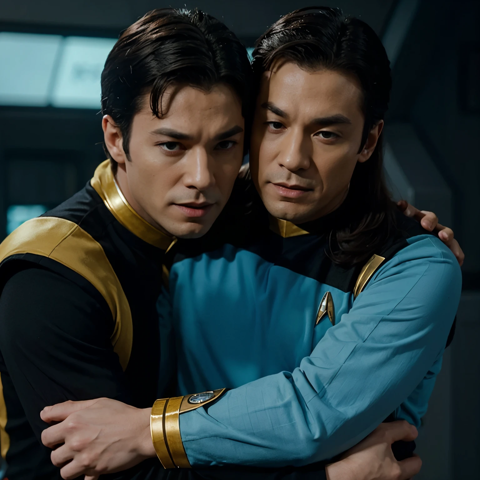 Data from Star Trek hugs his brother Lore