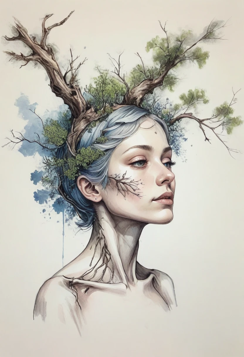 upper body girl, growth,leaf,tree branch on head,branch,fractal, dissect, bone, girl made of branch, ink, scenery break melting, Ink painting style, ink splash, bird, flower, Plant Maiden, covered with moss，cedar, against the background of a tree with branches,
collarbone, girl, adult, [Nordic], Hourglass elongated body, perfect skin, Oval Face, Long neck, Rounded shoulders, Attached Pointed ears, round forehead, Short blonde Waves pixie hair, snub nose, Arched eyebrows, Monolid closed Eyes, High Round Narrow Symmetrical cheekbones, Dimpled Cheeks, Rounded Chin, Rounded Jawline, Fine Puppet Wrinkles, Smooth Nasolabial Folds, Full nude Lips, (closed blue eyes), Nude Makeup Look, long eyelashes,  
hyperrealism, masterpiece, high resolution, best quality, ultra detailed, Hyperrealistic art, high quality, ultra high resolution, extreme detail, many details, Extremely high resolution detail,perfect white skin, perfect face,
 the ribs of the svelet are visible, the head is deformed by a tree branch, the hand is deformed by a tree branch, the fingers are like branches, trees have grown through the body, 
smudges, tree on head, roots, branch with birds overhead, paint smudges,  
a branch grows from the ear, a branch grows from behind the head, the roots of a tree are like a spine, a river with a rock garden in the background, 
frontal angle, 
circular composition,