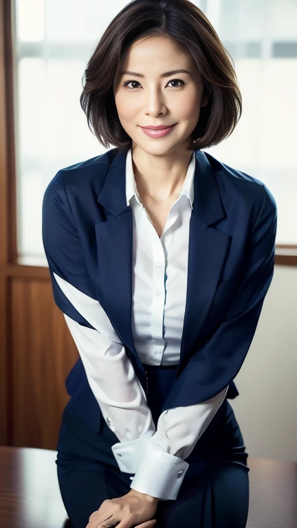(highest quality,8k,masterpiece),
日本人Mature Woman,40 years,Mature Woman,Pure white skin, Tabletop、Top view from chest、
Full breasts、 ((White collared blouse))、((Navy blue tailored jacket))、Navy blue tight skirt、Brown short bob、
,A gentle smile、A gaze that seduces viewers、In-house offices、