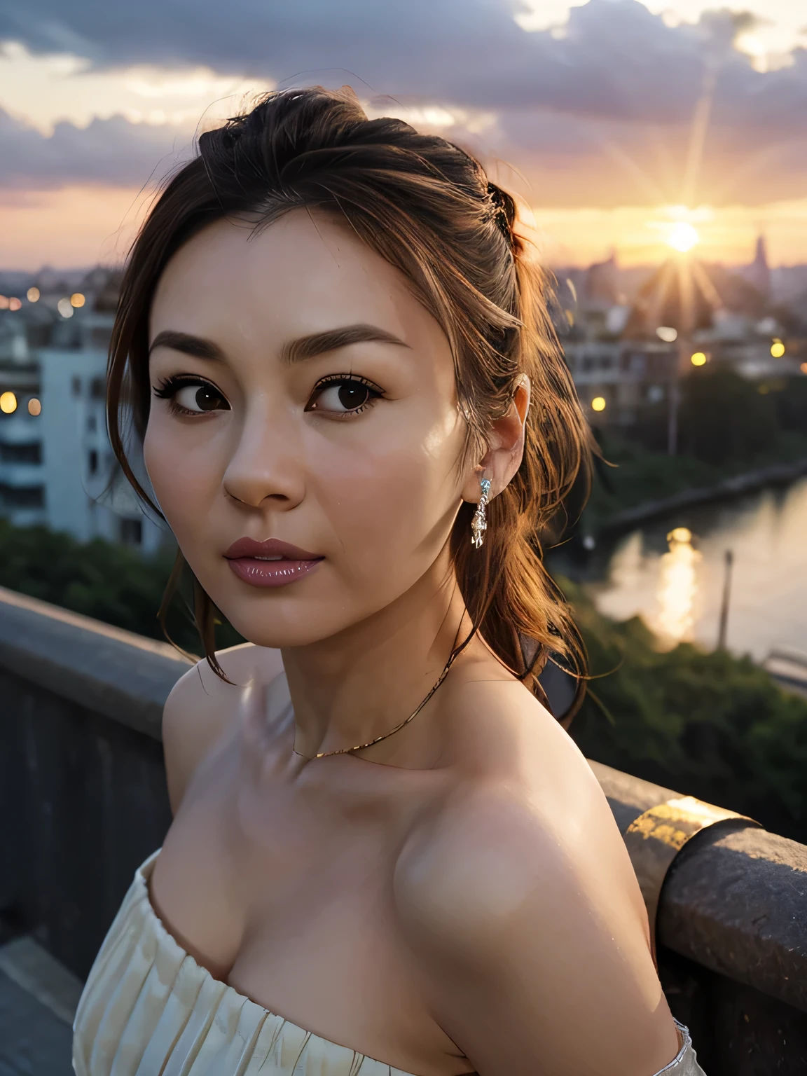 Audrey Hepburn,UHD, retina, textured skin, high details, high quality, best quality, highres, 16k,Beautiful Japanese Women,1 person, Corn, Selfie, Wind, My hair is messy, sunset, Cityscape, (Aesthetics and atmosphere:1.2),((empty eyes, sleepy, sad, parted lips, torogao))Summer Dresses,Long face,Straight nose,