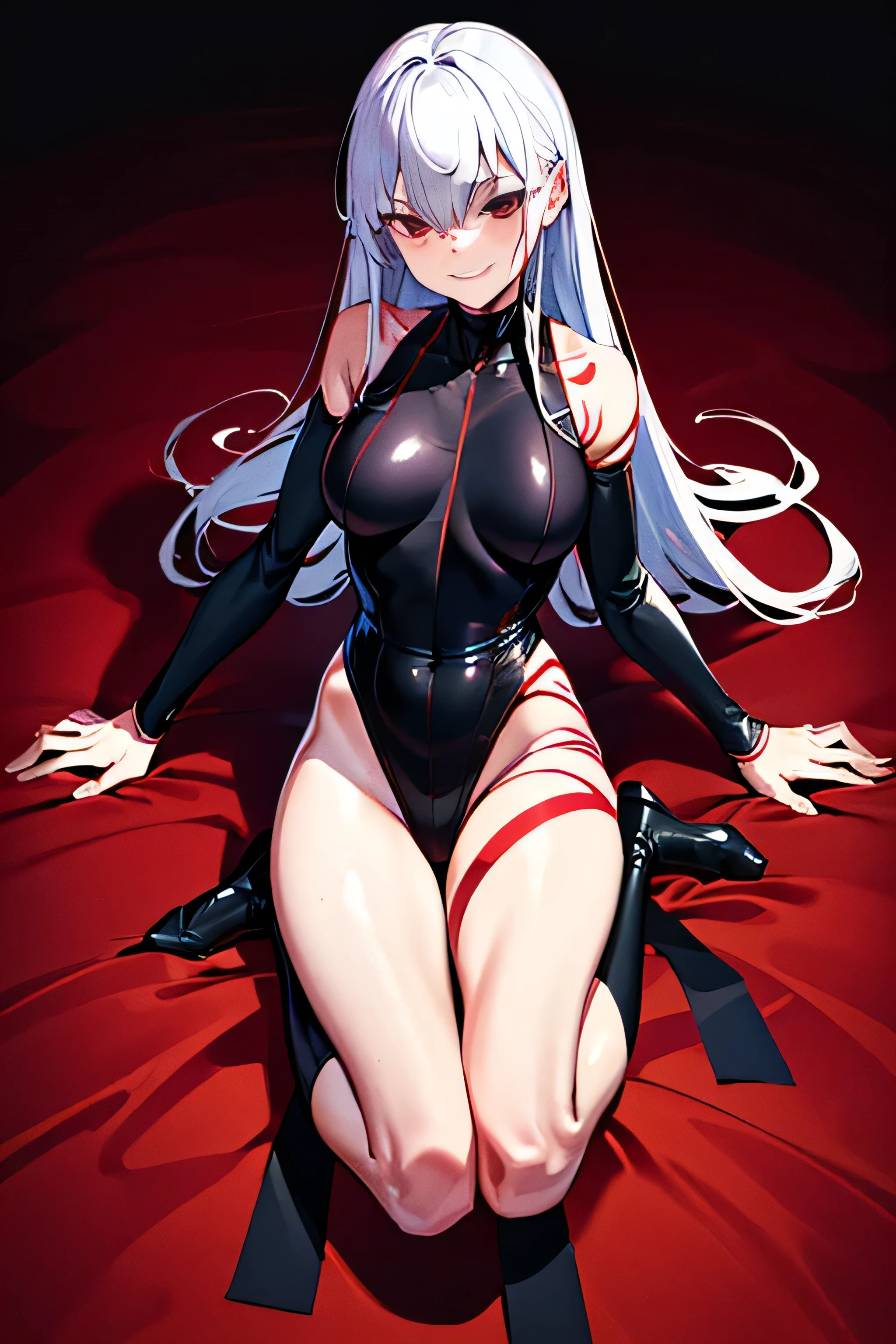 Black full body suit　Red lines all over the body　 girl　seductiv　a smile　Bare legged, evil smile, evil smirk,(masterpiece:1.0),(Highest_quality:1.0), 超High resolution,4k,Super detailed, photo shoot, 8K, HDR, High resolution, anime coloring, traditional media,l,offical art,