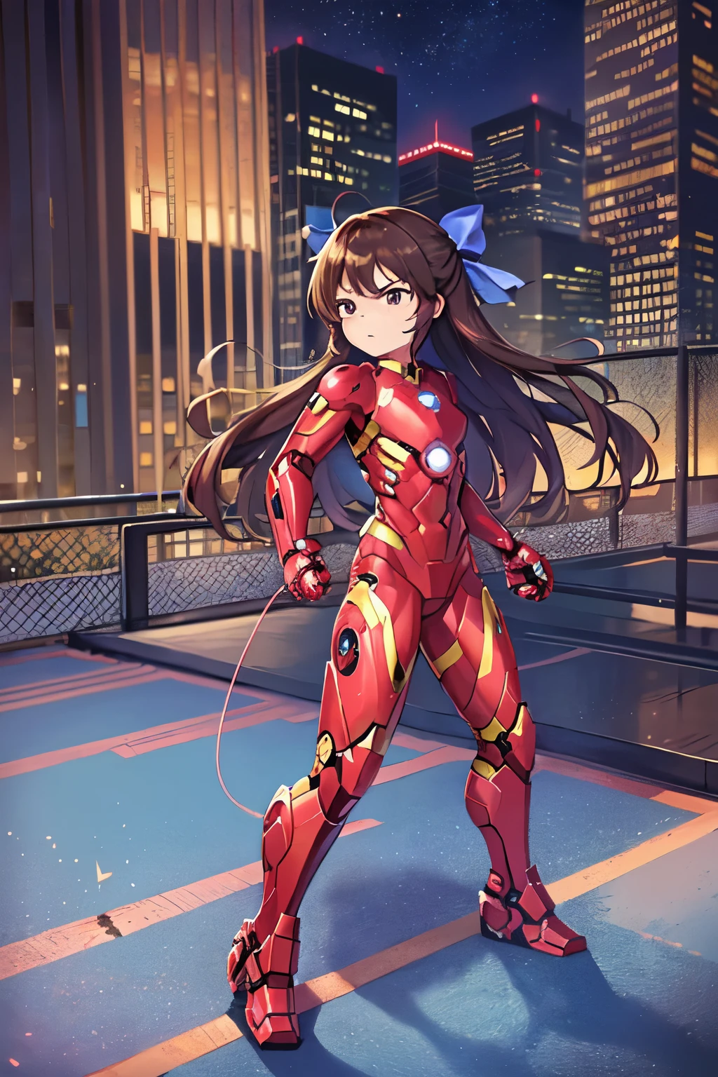 Primary school students、child、Long Hair、((Small breasts、Small breasts、child体型、Angry、injured body、Blue ribbon))、((iron man suit))、City of night、Rooftop、Boxing stance、8 year old 、Fight the enemy、A body covered in scars、Struggled、Sweating profusely