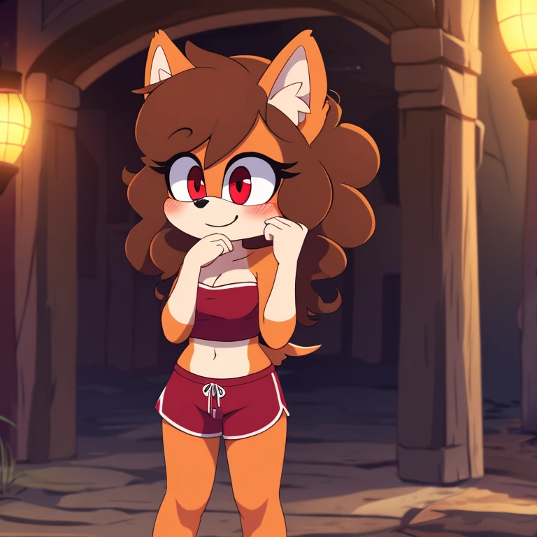 mobian, hedgehog, two-tone fur ((orange fur, brown fur)), pyjama elastic shorts, strapless crop top, cleavage, high-top sneakers, two-tone hair (brown hair, black tip)), curly hair, halo, sunglasses, jewelry, red eyes, longeyelashes, red eyes, smile, shy, blush, high detail, masterpiece, UHD, anatomically correct, super detail, highres, 4K