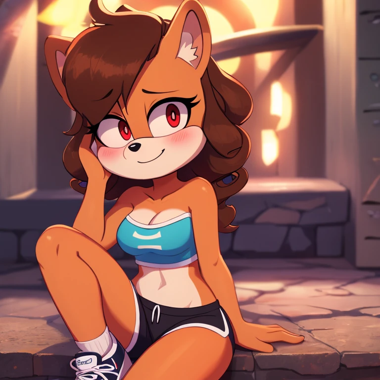mobian, hedgehog, two-tone fur ((orange fur, brown fur)), pyjama elastic shorts, strapless crop top, cleavage, high-top sneakers, two-tone hair (brown hair, black tip)), curly hair, halo, sunglasses, jewelry, red eyes, longeyelashes, red eyes, smile, shy, blush, high detail, masterpiece, UHD, anatomically correct, super detail, highres, 4K