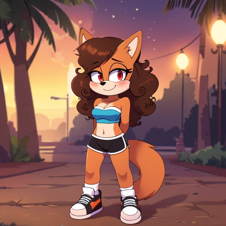 mobian, hedgehog, two-tone fur ((orange fur, brown fur)), pyjama elastic shorts, strapless crop top, cleavage, high-top sneakers, two-tone hair (brown hair, black tip)), curly hair, halo, sunglasses, jewelry, red eyes, longeyelashes, red eyes, smile, shy, blush, high detail, masterpiece, UHD, anatomically correct, super detail, highres, 4K