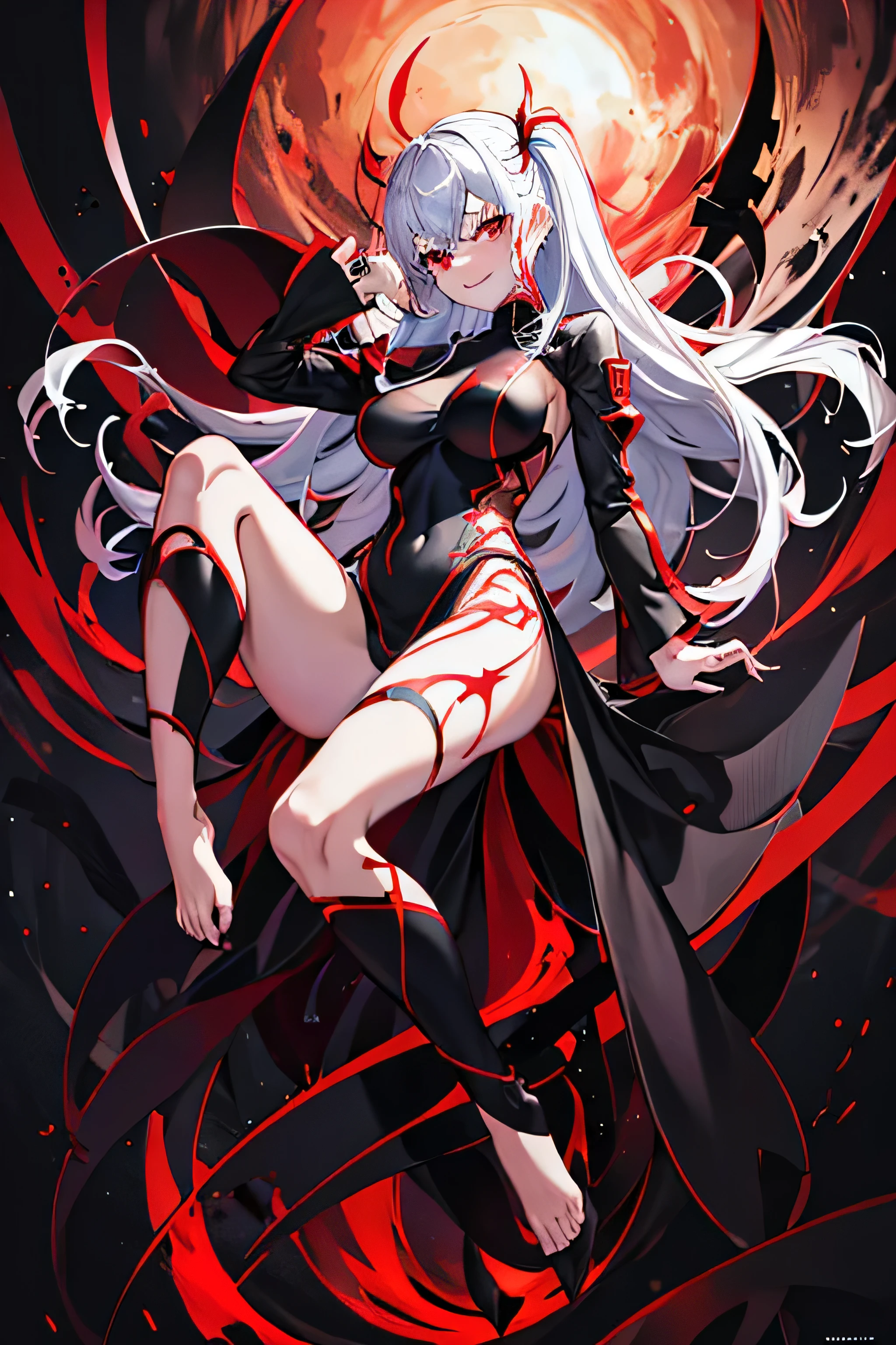 Black full body suit Red lines all over the body seductiv a smile Bare legged, evil smile, evil smirk,(masterpiece:1.0),(Highest_quality:1.0), 超High resolution,4k,Super detailed, photo shoot, 8K, HDR, High resolution, anime coloring, traditional media,l,offical art,