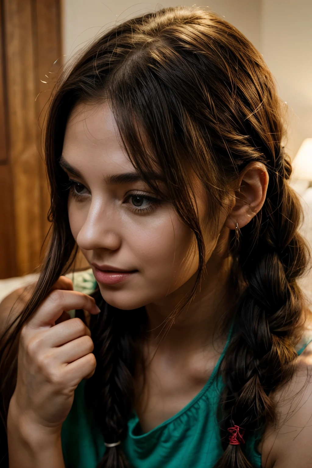 women playing with with single very long braided hair