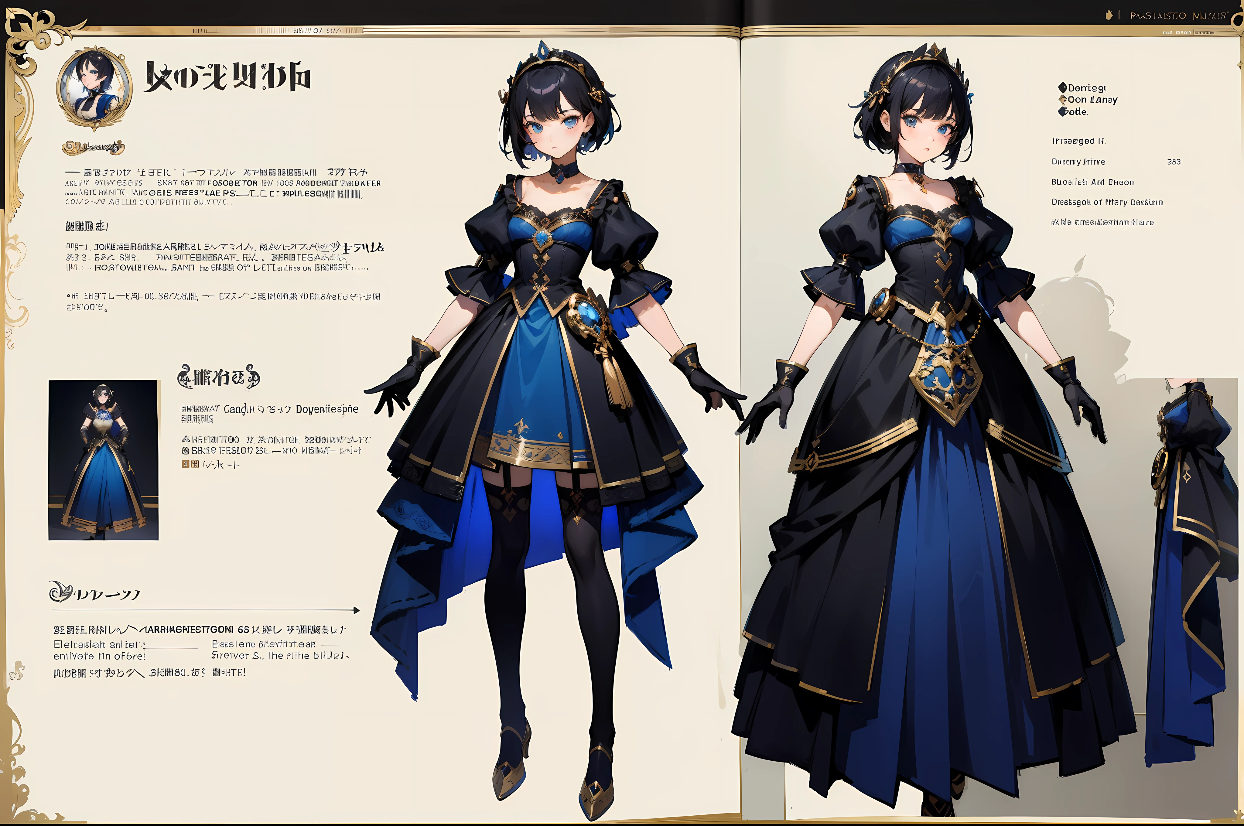 ((masterpiece, best quality)), Delicate face, Role List, whole body, Rich in details, Multiple poses and expressions, Very detailed, depth, Many parts, 1 girl, Very short black hair, blue eyes, Dress Fantasy, Fantasy gloves and stockings, Black necklace, Fantasy headdress,