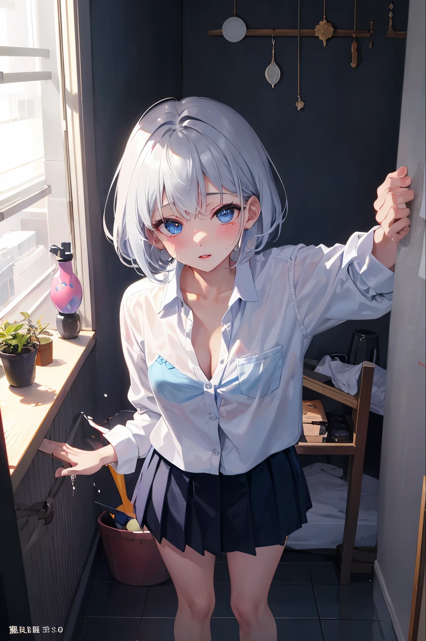 ８K,Silver hair, very short hair, slanted eyes, medium breasts（C Cup)-Pale blue eyes、、８K, highest quality, masterpiece, Ultra-detailed、full lips、、、Blushing、lipstick、Perfect hands、Detailed hand、、full lips、Pale blue eyes、、perfect hands、detailed hands、vibrator、vagina、I can see the vagina、Not wearing panties、Lower body nude、1dildo,underwear,dildo under nude,dildo under clothes,dildo in nude,standing,bra、ピ陰My crotch is wet涙ぐむ,Convulsing、The genitals are wet、My crotch is wet、collared shirt, pleated skirt, , bow、spread legs, legs up、missionary positionbird’s eye view,spread legs,1 boy and 1girl are having sex,、On the bed、Glamorous expression、、A table that looks like it&#39;s about to cum、Embarrassed、night、８K, highest quality, masterpiece, Ultra-detailed、full lips、、、Blushing、lipstick、陰My crotch is wet,1dildo,underwear,dildo under panties,dildo under clothes,dildo in pussy,standing,bra