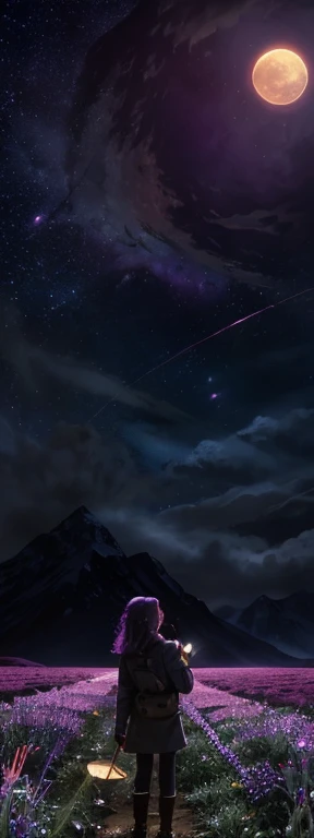 expansive landscape photograph , (a view from below that shows sky above and open field below), a girl standing on flower field looking up, (full moon:1.2), ( shooting stars:0.9), (nebula:1.3), distant mountain, tree BREAK
production art, (warm light source:1.2), (Firefly:1.2), lamp, lot of purple and orange, intricate details, volumetric lighting BREAK
(masterpiece:1.2), (best quality), 4k, ultra-detailed, (dynamic composition:1.4), highly detailed, colorful details,( iridescent colors:1.2), (glowing lighting, atmospheric lighting), dreamy, magical, (solo:1.2)