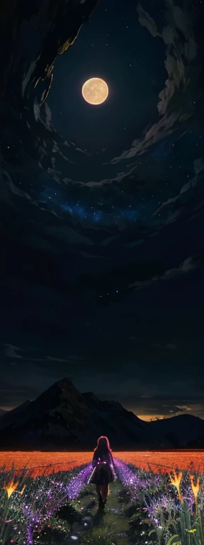 expansive landscape photograph , (a view from below that shows sky above and open field below), a girl standing on flower field looking up, (full moon:1.2), ( shooting stars:0.9), (nebula:1.3), distant mountain, tree BREAK
production art, (warm light source:1.2), (Firefly:1.2), lamp, lot of purple and orange, intricate details, volumetric lighting BREAK
(masterpiece:1.2), (best quality), 4k, ultra-detailed, (dynamic composition:1.4), highly detailed, colorful details,( iridescent colors:1.2), (glowing lighting, atmospheric lighting), dreamy, magical, (solo:1.2)