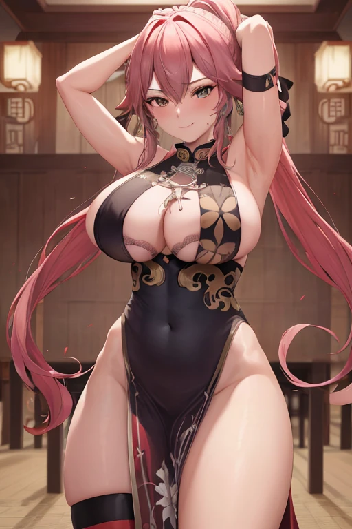 masterpiece, best quality, beautiful art, high resolution, well formed hands, body and fingers, 1 woman, solo, Yae Miko, grown up, adult, big breasted, cleavage, full body, , wearing a Bremerton kung Fu cruiser outfit, sexy and skimpy chinese dress outfit , long hair, hair ornament, gorgeous legs and thighs, she is fighting in a combat match at a martial arts tournament, she is getting ready to fight, making her guard pose, action and fighting scene, about to hit the viewer, looking at the viewer, sweating , feeling confident and proud, smiling joyfully and happily, charming her opponent with her beauty, bouncing breasts, fighting scene, martial arts tournament on the beach