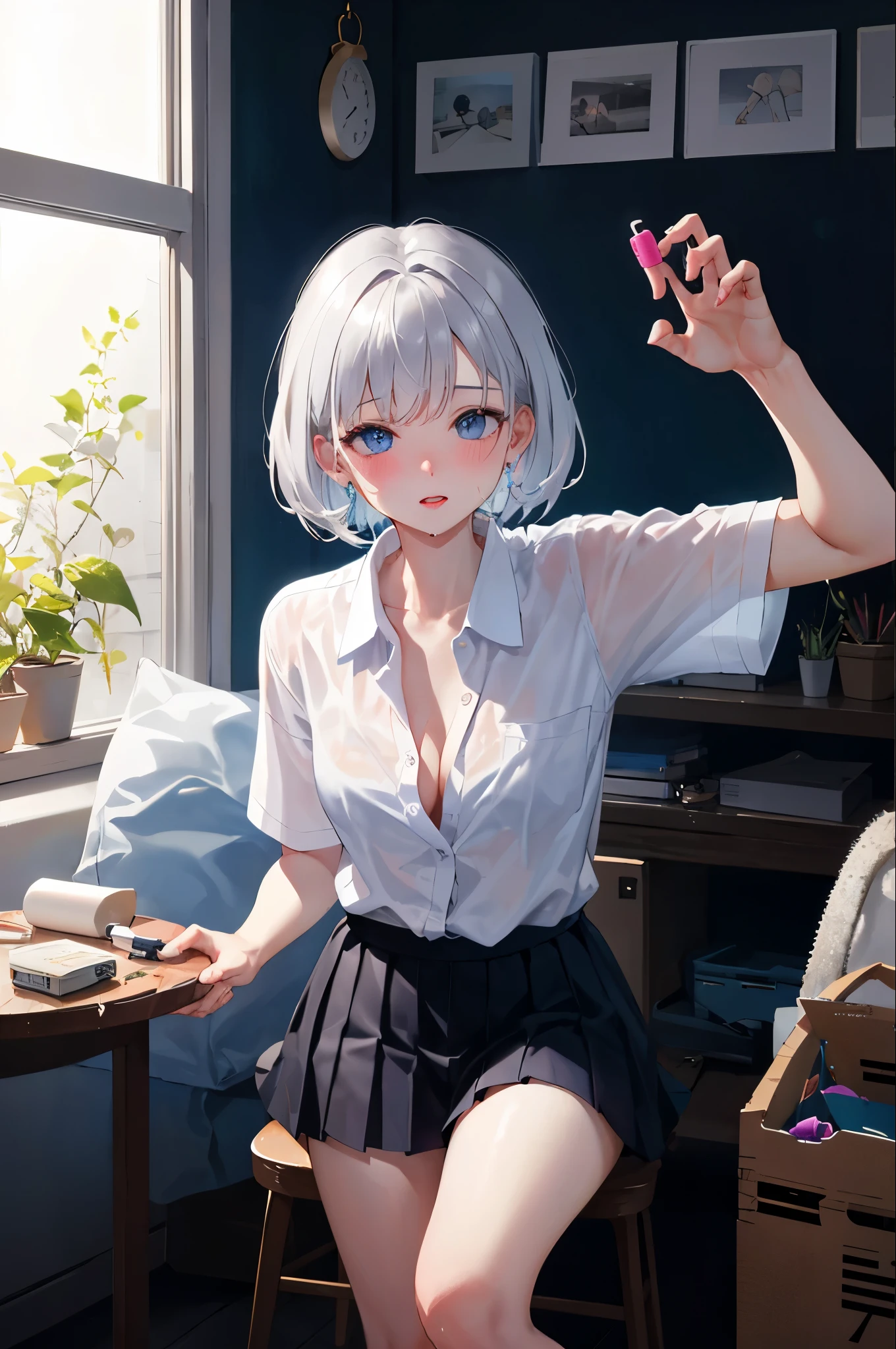 8K,Silver hair, very short hair, slanted eyes, medium breasts(C Cup)-Pale blue eyes、、8K, highest quality, masterpiece, Ultra-detailed、full lips、、、Blushing、lipstick、Perfect hands、Detailed hand、、full lips、Pale blue eyes、、perfect hands、detailed hands、vibrator、vagina、I can see the vagina、Not wearing panties、Lower body nude、1dildo,underwear,dildo under nude,dildo under clothes,dildo in nude,standing,bra、ピ陰My crotch is wet涙ぐむ,Convulsing、The genitals are wet、My crotch is wet、collared shirt, pleated skirt, , bow、spread legs, legs up、missionary positionbird’s eye view,spread legs,1 boy and 1girl are having sex,、On the bed、Glamorous expression、、A table that looks like it's about to cum、Embarrassed、night、8K, highest quality, masterpiece, Ultra-detailed、full lips、、、Blushing、lipstick、陰My crotch is wet,1dildo,underwear,dildo under panties,dildo under clothes,dildo in pussy,standing,bra