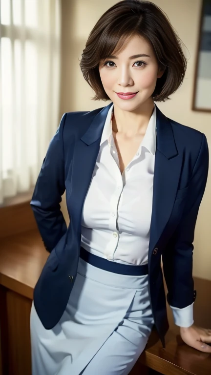 (highest quality,8k,masterpiece),
日本人Mature Woman,40 years,Mature Woman,Pure white skin, Tabletop、Top view from chest、
Full breasts、 ((White collared blouse))、((Navy blue tailored jacket))、Navy blue tight skirt、Brown short bob、
,A gentle smile、A gaze that seduces viewers、In-house offices、
