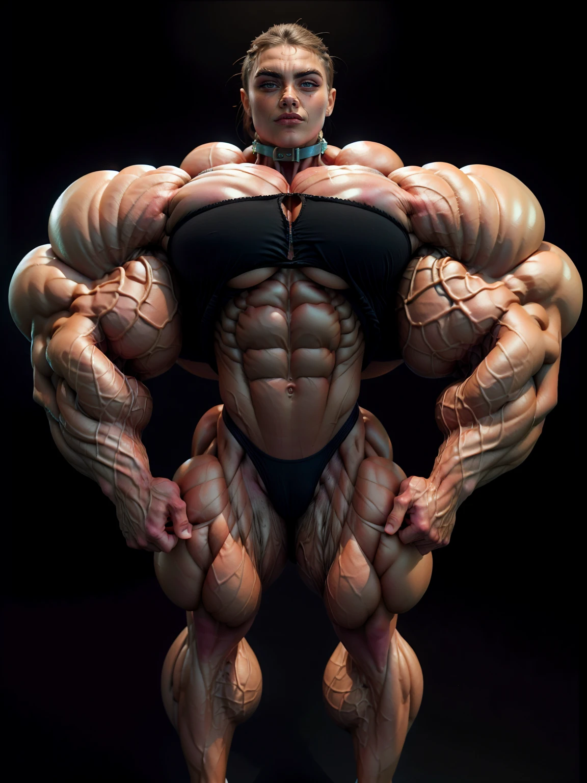 (1 girl), (cara delevingne:1.25), ((wide shoulders:1.25)), (a naked Bodybuilder woman with oiled muscular physique:1.25), (ten pack abs:1.5), (full body view:1.25), ((large muscular veiny breasts:1.25)), choker, (sculpted muscles:1.25), detailed eyes, (muscular body:1.25), (looking at viewer), (smile:1.25, (blank dark background:1.5), in the art style of peter mohrbacher