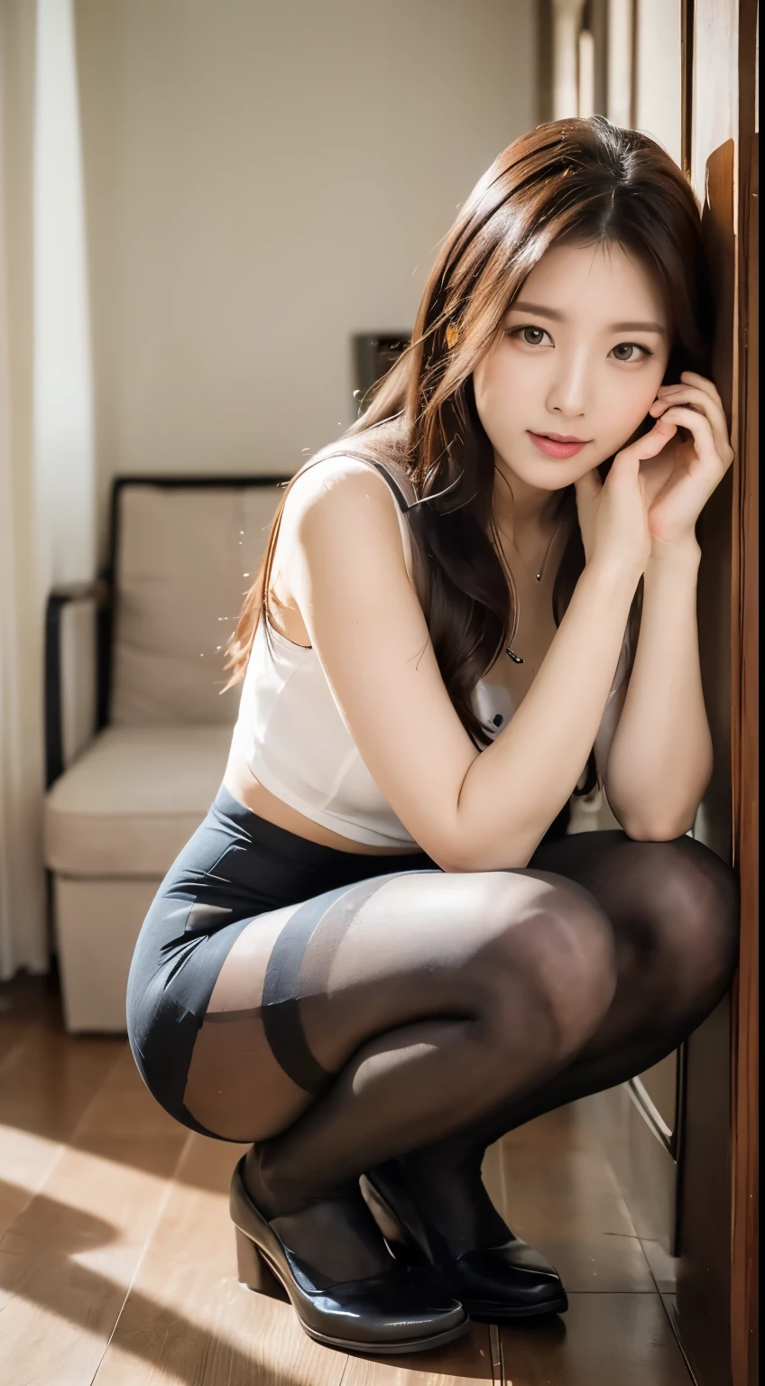 ulzzang-6500-v1.1, (RAW Photos:1.2), (Realistic), Beautiful detailed girl, (Genuine: 1.4), (masterpiece), (Mastepiece), There is a woman crouching in the room.., (Ultra-realistic pantyhose:1.3), Panties are visible through the gap between the thighs、Bare thighs!!!
