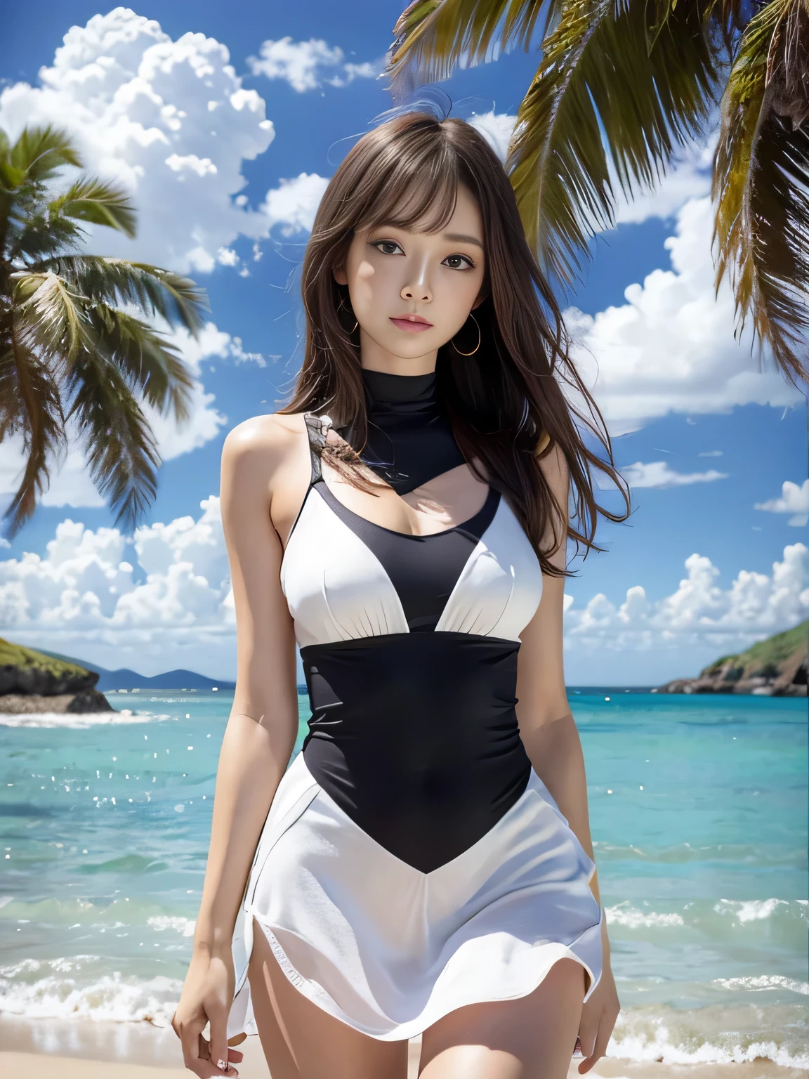 （Painting style close up，8K ultra-high resolution，Masterpiece Vista CG Wallpaper）Beautiful sky，Beautiful and delicate eyes，pretty girl，Perfect slim body，Colorful sleeveless dresses，Pure Eyes，Smooth skin，Walking on the beach，Background Sky、Blank cloud，Ocean，Sandy Beach，Multicolored shells。
