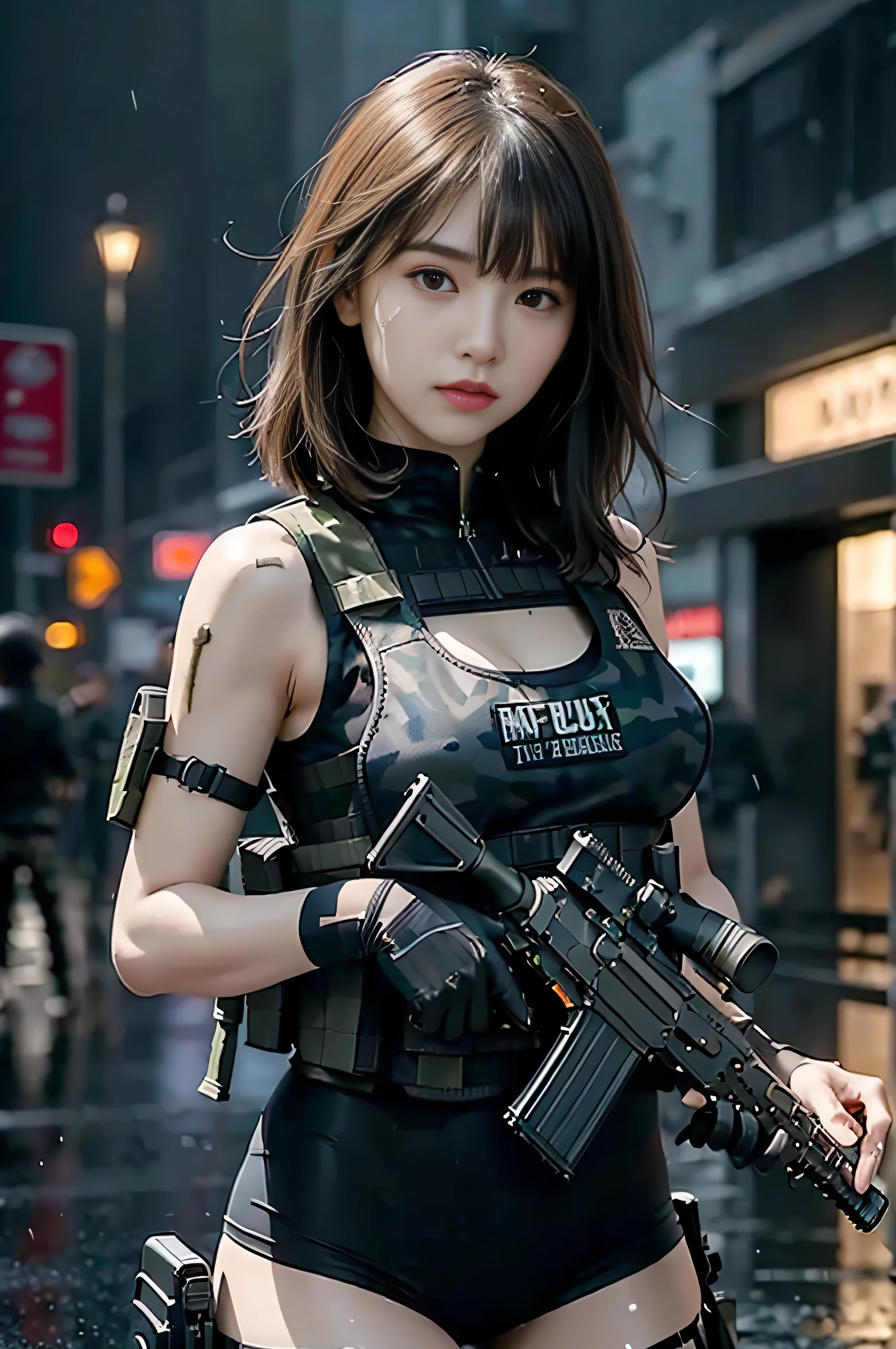 (RAW quality:1.4), ((Best Quality)), ((Mastepiece)), (DetailsDetails: 1.4), 。.。.。.。.。.。.。.。.。.。.。.。.。.。.。.。.。.。.。.。.。.。.。.。.。.。.。.。.。.。.。.。.。.。.。.。.。.。.。.。.。.。.。.。.3D, ((Square)), ((Close face))), Perfect Face, Perfect fingers, Perfect Body, Combat pose, ((Holding a gun:1.4)), beautiful cyberpunk female statue, 17 years old, ((Holding an AK-47 assault rifle in your hand:1.4)),  Sit down and hold your gun, (((High Detail Skin, Visible pores))), Abdominal muscles, Muscular arms, (Medium size: 1.3), Straight short hair, Black Ribbon, (Wear a bulletproof vest on bare skin:1.4), Cleavage, Side boo boo, (Camouflage pattern body paint:1.4), Bullet belt, Grenade, HK45 Handgun, (Firearms), Ticker (High Dynamic Range), Ray tracing, NVIDIA RTX, Super-resolution, Unreal 5, Subsurface Scattering, PBR Textures, Post-processing, Anisotropic Filtering, Depth of written boundary, Maximum sharpness and sharpness, Multi-layer textures, Albedo and Highlight Maps, Surface Shading, Accurate simulation of light and material interactions, Perfect proportions, Octane Render, Two-color light, Large Diameter, Low ISO, White balance, Three-part method, 8K live, Very heavy rain, Heavy Rain, Soaking wet, ruined city background, explosion, fire, Flaming, Nervous, Side view, Upper body photo,