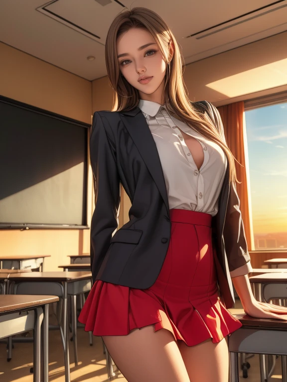 (8k,Photorealistic, masutepiece, Best Quality, Raw photo:1.3)、1woman in, 25years old,Solo,teacher, Long hair, Brown hair, Detailed beautiful face, alluring face, (Detailed beautiful brown eyes:1.2), medium breasts,(loose suit, sheer Skirt :1.35), ( Perfect body skinny beauty: 1.4),( temptation Pose:1.3), (Looking at Viewer, front view,eyes focus:1.2), Detailed background, (sunset:1.2), classroom,fine detailed, intricate detailes, Ray tracing, depth of fields, seductive smile,classroom,