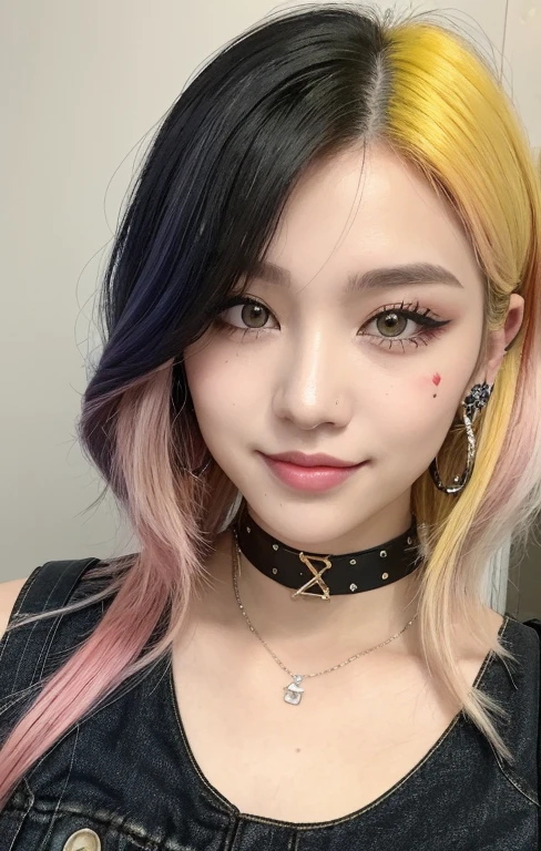 1 boyish, realistic tomboy with a big joyful smile with showing teeth,( (Best Quality, 8K, Masterpiece:1.3)), Focus:1.2, Perfect Body Beauty:1.4 , ((:1.2)), (night, Street:1.3), Highly detailed face and skin texture, Fine eyes, Double eyelids, Whitening skin, half dye, ! split hair dye!, dyed hair, yellow and black, two color hair), brilliant glitter makeup with strawberry lips, rosy checks, shiny colorful eyeshadow, winged eyeliner, (hair between eyes, Long sideburns, short choppy layers framing face, shoulder-length hair cascading down her shoulders, Braided Undercut (Hairsytle), high Ponytail, yellow and black, half and half hair dye!!, brilliantly colored, yellow and black, split dye, half & half hair dye, half and half dye, ! split hair dye!, dyed hair, yellow and black, two color hair,), (cute heart shape face and a round cheeks),gyaru-inspired white halter shirt with pink skull print, cropped off shoulder distressed denim jacket with patches and pins, numerous ear piercings, cross earrings, chocker, nailpolish, (realistic woman) ,(ulzzang-6500:0.4)