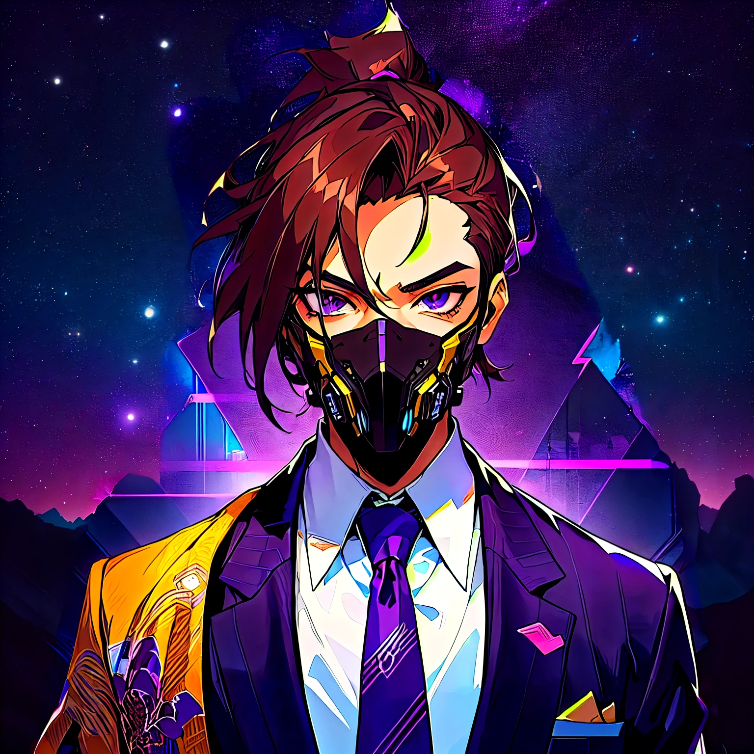 Shirt brown hair, Full face purple mask, Purple suit, Indian, brown skin,  image of a man in a suit and tie with a mask covering his entire face, digital cyberpunk anime!!, cryptopunk, cryptopunk with pit vipers, modern cyberpunk anime, digital cyberpunk anime art, digital cyberpunk - anime art, official fanart, anime cover, trigger anime artstyle, epic anime style, cyber universe style, satoshi, anime style character, avatar image