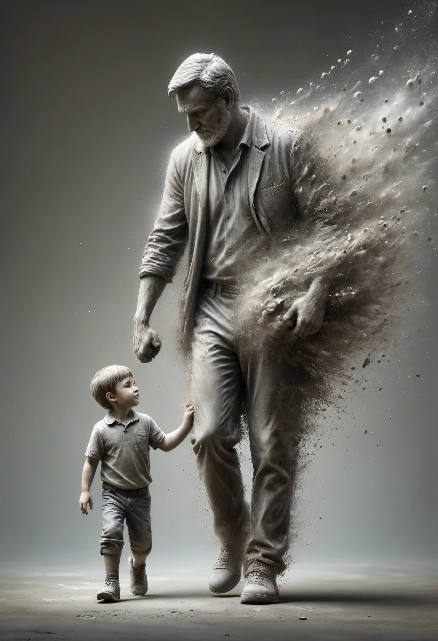 a gray statue of a father and son walking hand in hand dissolving in dust like a memorie,sharp focus,(masterpiece, best quality, highres, high resolution:1.2),ral-dissolve,extremely detailed,realistic,intricate details,(cinematic lighting, volumetric)