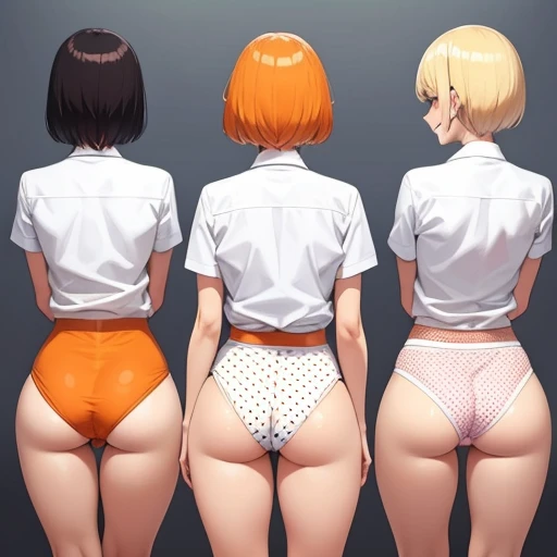 Very detailed,A woman with good looks,Asian Woman,three woman,stand in a line,cute,cute eyes, stylish female body,, break, large white colored shirt:1.3, break, polka dots orange colored small panties:1.5, lace, break, short hair, blonde hair,various colored hair, back view, Focus on the buttocks, classroom, smile, ((sweaty skin))