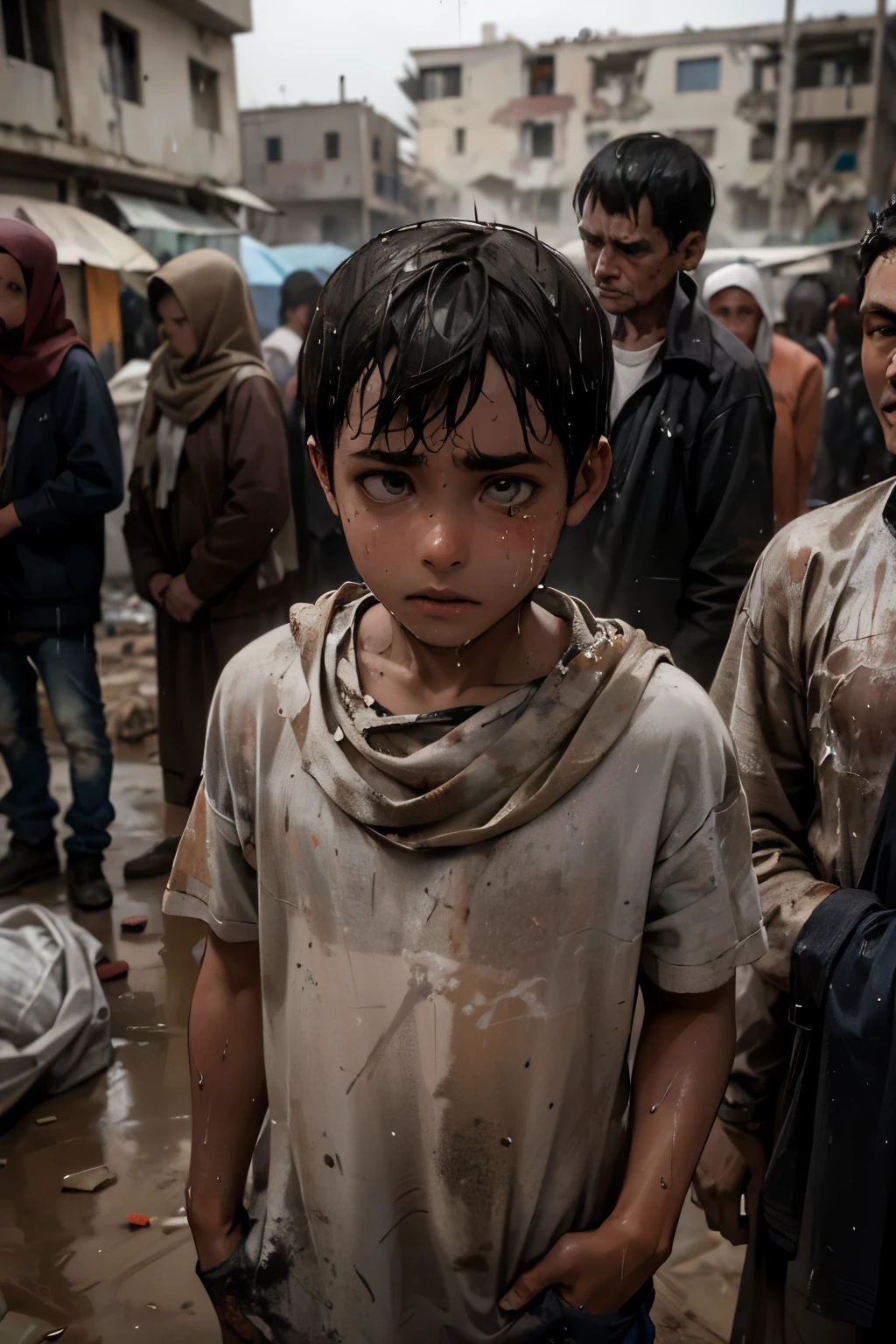 a boy in a refugee camp, clothes covered in dust and dirty, indifferent, (rain), war, (waiting in line), building collapsed, wet, don't have umberella, empty, shattered clothes, chaotic