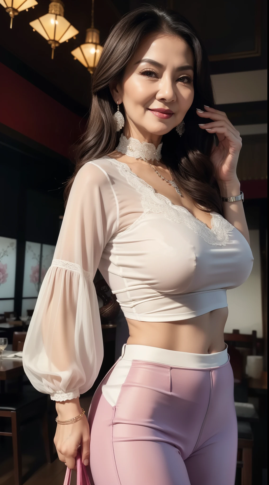 Lace blouse), (White blouse) 75 years old Mom MILF Chinese Lady large earring Big choker navel piercing decoration A bracelet Silver Hair realisitic Gorgeous Madame Beautiful Mature Woman sexy Smile Gentle woman navel piercing 4K High quality restaurant Big Breasts Handbags Gorgeous Madame Beautiful Mature Woman