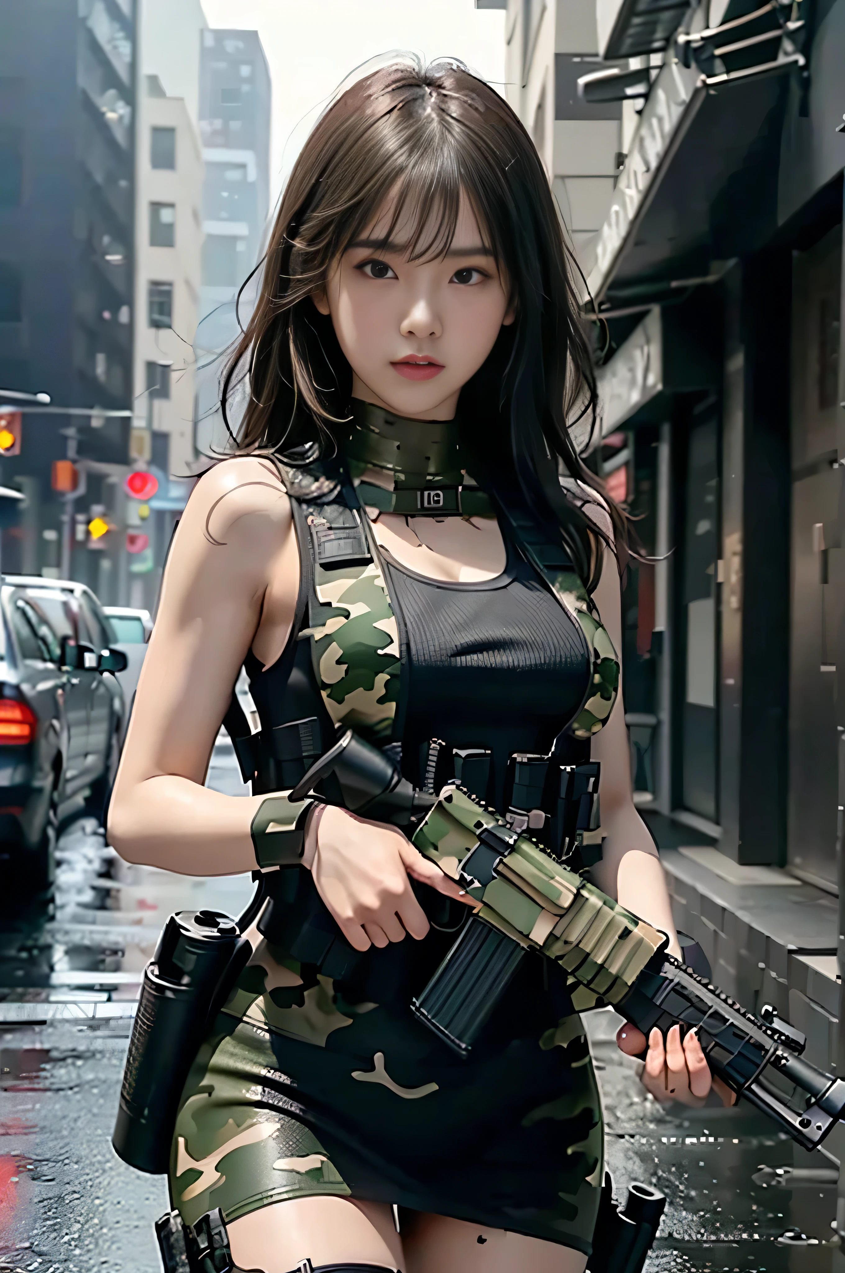 (RAW quality:1.4), ((Best Quality)), ((Mastepiece)), (DetailsDetails: 1.4), 。.。.。.。.。.。.。.。.。.。.。.。.。.。.。.。.。.。.。.。.。.。.。.。.。.。.。.。.。.。.。.。.。.。.。.。.。.。.。.。.。.。.。.。.3D, ((Square)), ((Close face))), Perfect Face, Perfect fingers, Perfect Body, Combat pose, ((Holding a gun:1.4)), beautiful cyberpunk female statue, , ((Holding an AK-47 assault rifle in your hand:1.4)), Sit down and hold your gun, (((High Detail Skin, Visible pores))), Abdominal muscles, Muscular arms, (Medium size: 1.3), Straight short hair, Black Ribbon, (Wear a bulletproof vest on bare skin:1.4), Cleavage, Side boo boo, (Camouflage pattern body paint:1.4), Bullet belt, Grenade, HK45 Handgun, (Firearms), Ticker (High Dynamic Range), Ray tracing, NVIDIA RTX, Super-resolution, Unreal 5, Subsurface Scattering, PBR Textures, Post-processing, Anisotropic Filtering, Depth of written boundary, Maximum sharpness and sharpness, Multi-layer textures, Albedo and Highlight Maps, Surface Shading, Accurate simulation of light and material interactions, Perfect proportions, Octane Render, Two-color light, Large Diameter, Low ISO, White balance, Three-part method, 8K live, Very heavy rain, Heavy Rain, Soaking wet, ruined city background, explosion, fire, Flaming, Nervous, Side view, Upper body photo,