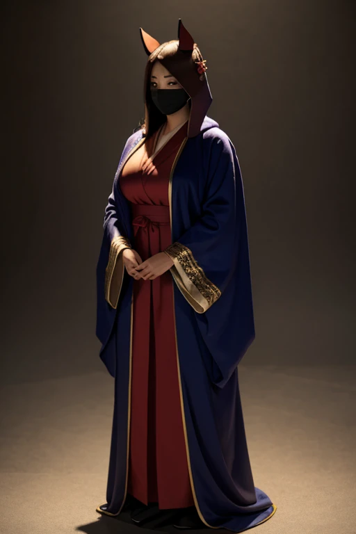 A woman in a robe and mask, her figure barely visible