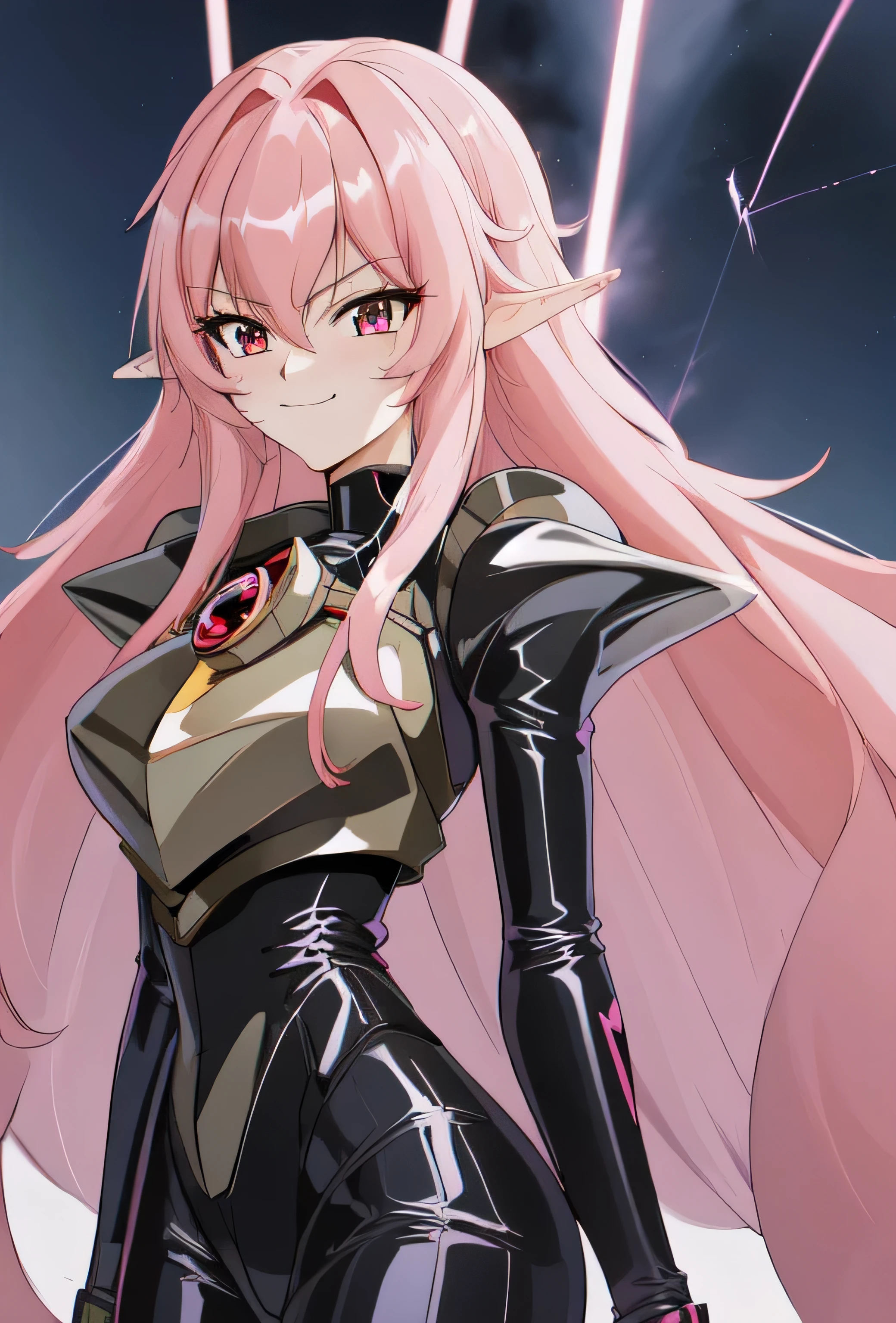 high quality, extremely detailed, perfect face,  Nova, long pink hair, (black latex ????????), steel pauldrons, steel breastplate, long ears, evil smirk, evil laugh, ??????????????, (dark and stormy skies, lightning)(masterpiece:1.0),(Highest_quality:1.0), 超High resolution,4k,Super detailed, photo shoot, 8K, HDR, High resolution, disorganized:1.2, kodak portrait 400