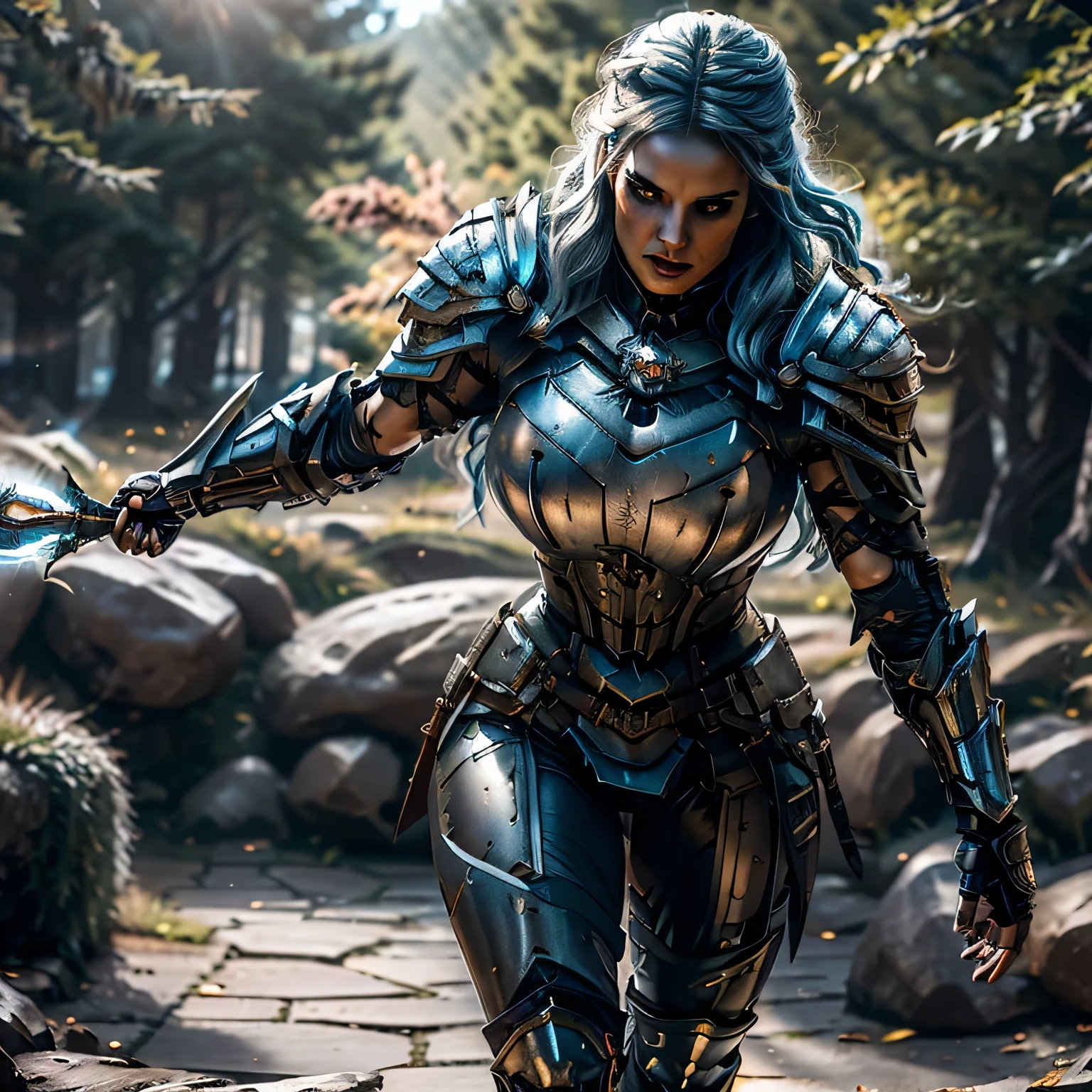 8K,asgard female warrior with very big breasts,Super beautiful(like the real thing),black very large chest armor,realistic skin,luxury black pants,Has a large, long black spear,sexy,muscular slim body,ripped abs,black shoulder armor,black waist armor,black leg armor,desert, rich colors, Backlight, cinematic lighting, film grain, RAW, 50mm lens,nikon　D850,ultra high resolution,Super realistic,goddess,battle scene,action scene,action pose,shine a light on the face, long wavy blue hair, the Witcher, the Witcher armor, yennefer, running in the forest 