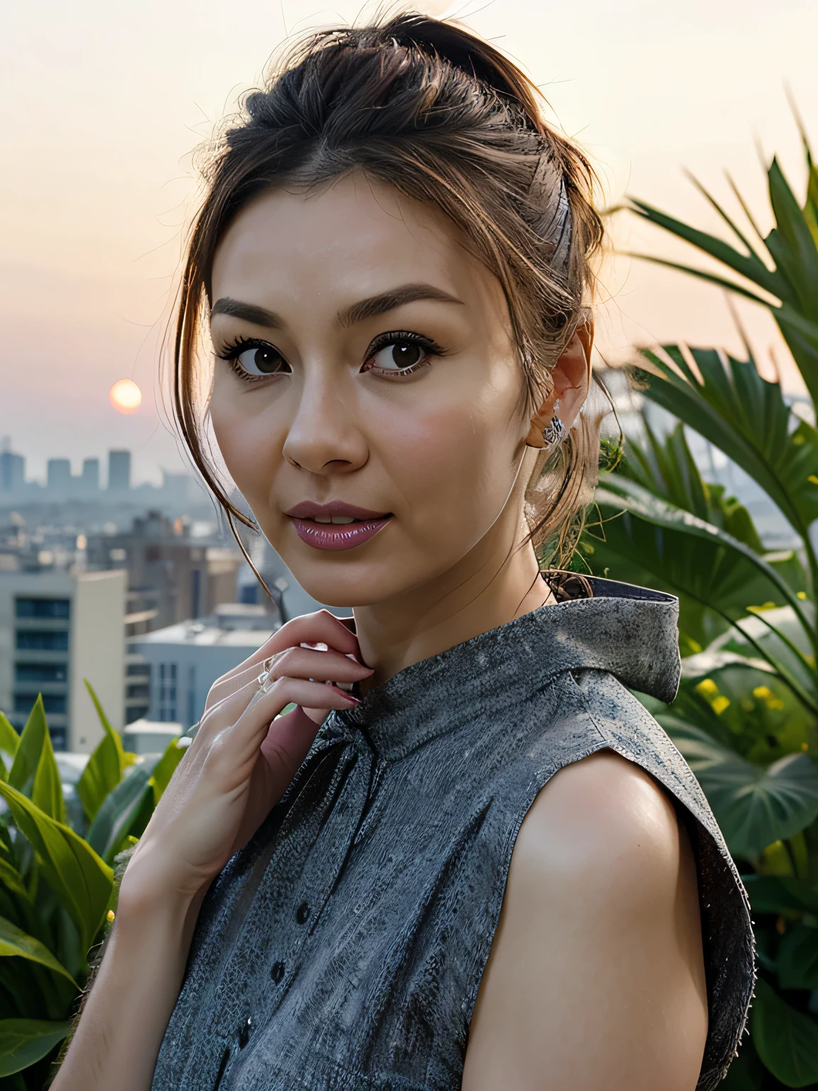Audrey Hepburn,UHD, retina, textured skin, high details, high quality, best quality, highres, 16k,Beautiful Japanese Women,1 person, Corn, Selfie, Wind, My hair is messy, sunset, Cityscape, (Aesthetics and atmosphere:1.2),((empty eyes, sleepy, sad, parted lips, torogao))Summer Dresses,Long face,Straight nose,